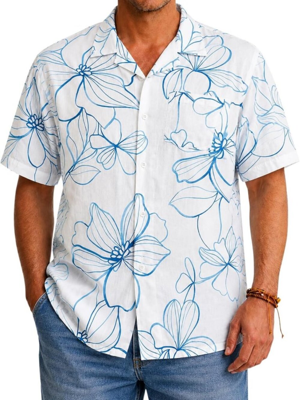 Men's Floral Camp Collar Hawaiian Shirt - Linen Tencel Loose Fit for Summer